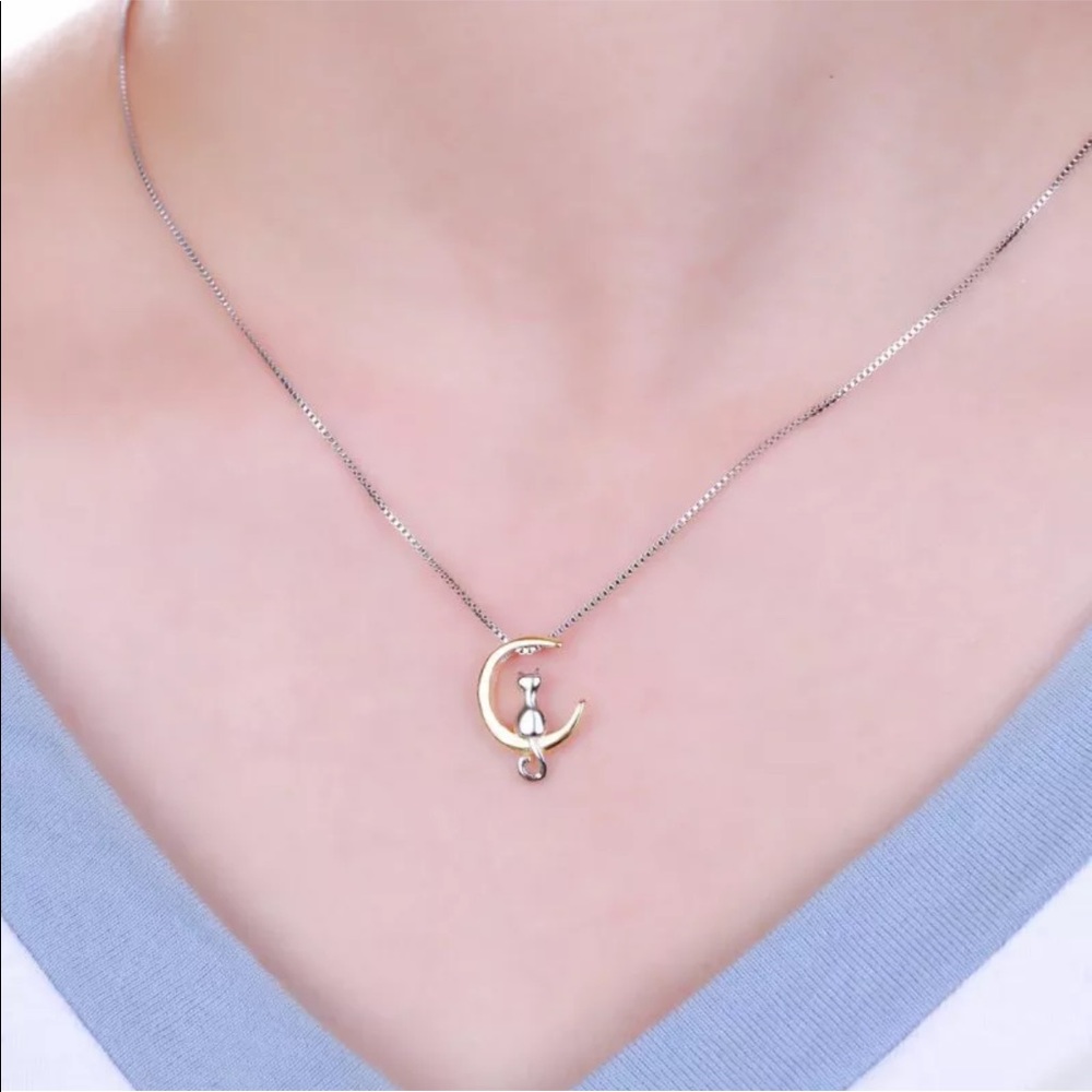 New Silver Gold Cat On Moon Necklace - Picture 2 of 3
